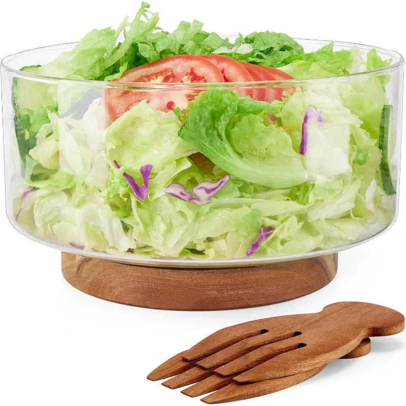 Large Salad Bowl Set, Glass Bowl with Acacia Wood Base and Salad Hands, Serving Bowls for Fruits,