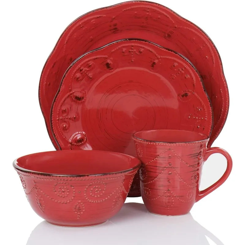 Rustic Birch 16 Piece Stoneware Dinnerware Set in Purple, Purple with Brown Accents