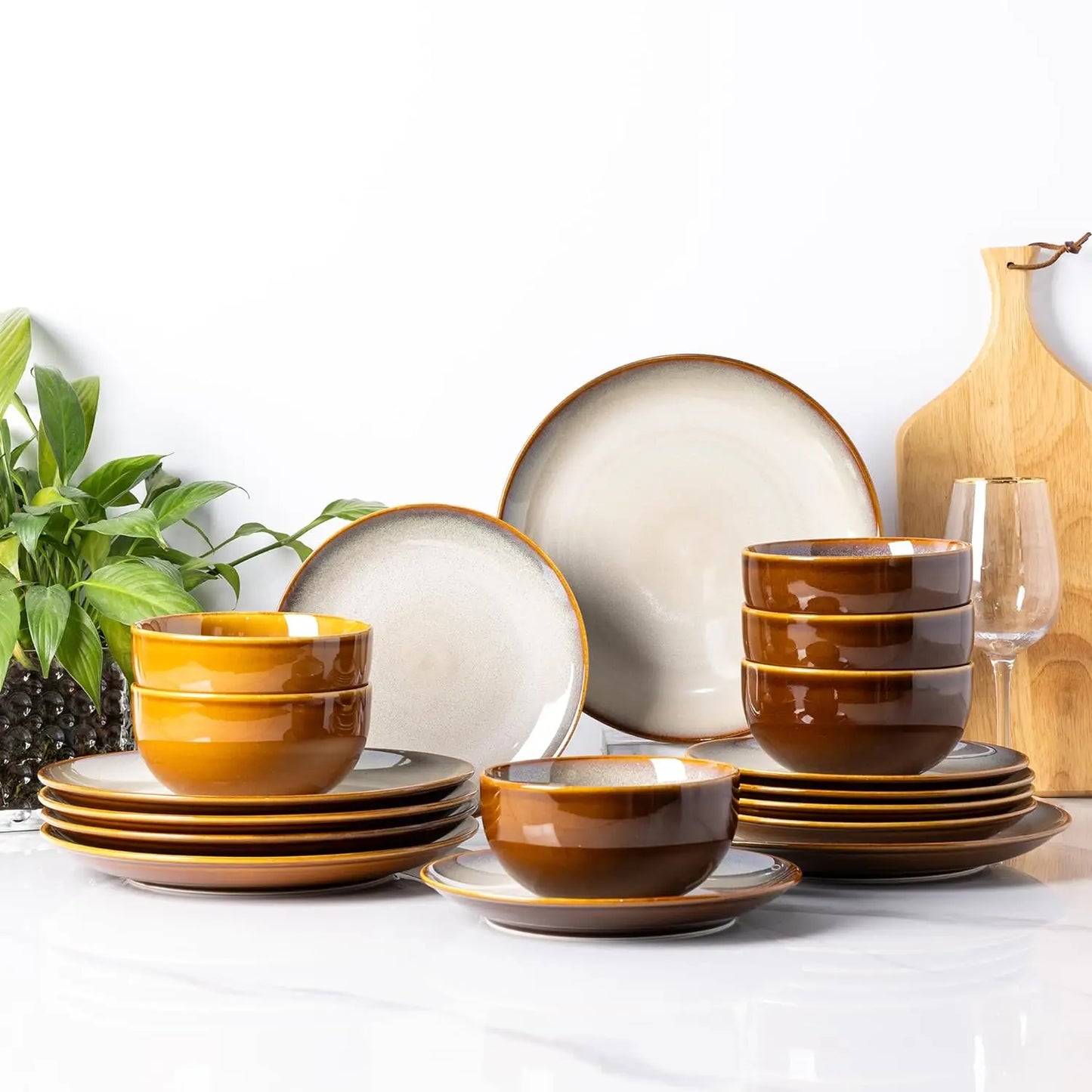 Ceramic Dinnerware Sets,Handcraft Wavy Rim Stoneware Plates and Bowls Sets,Crack Resistant