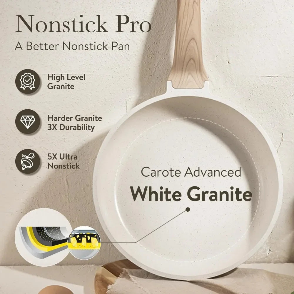 Pots and Pans Set Nonstick, White Granite Kitchen Cookware Sets.