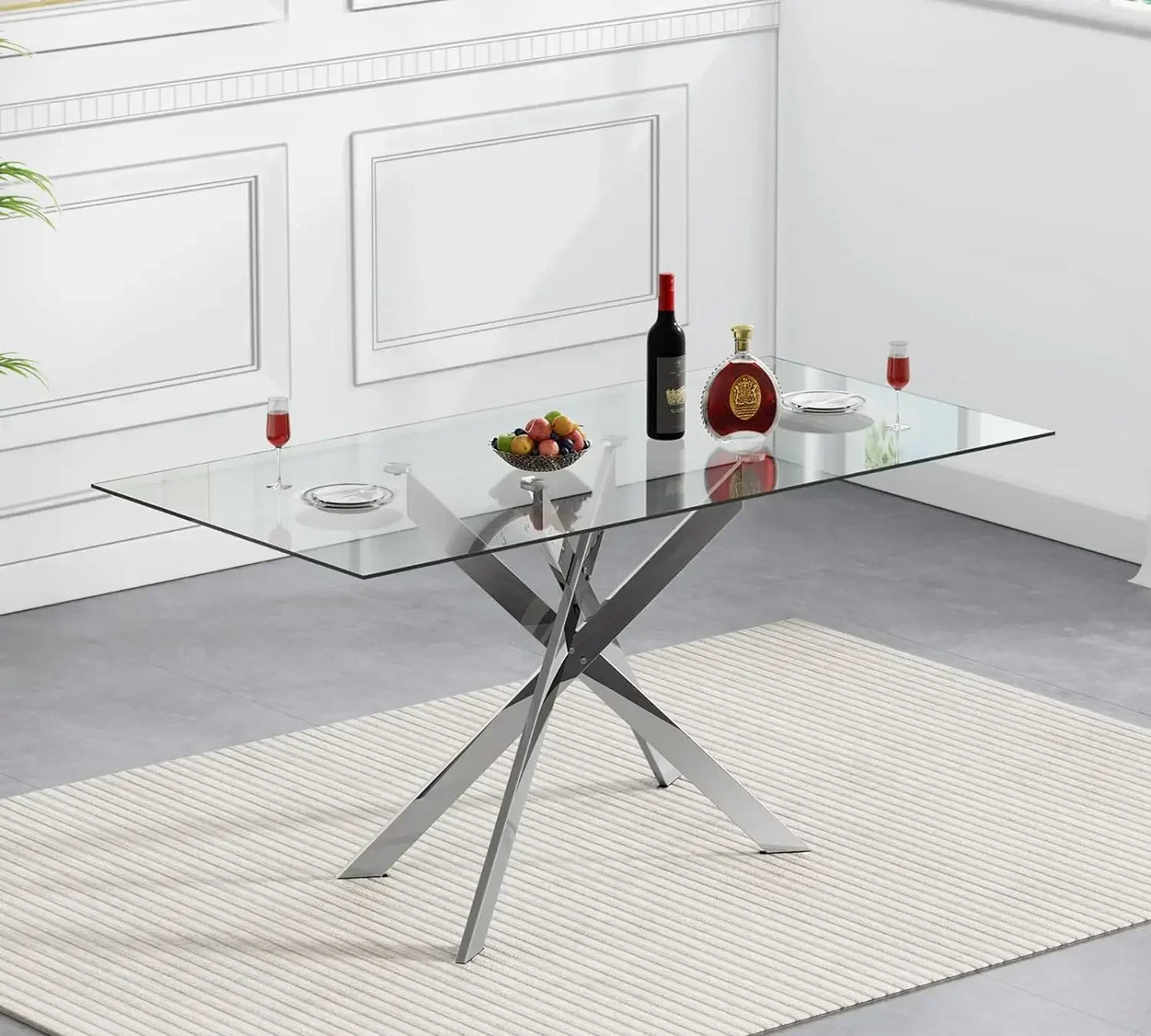 Rectangular Glass Dining Table Kitchen Metal Legs,Dining Table