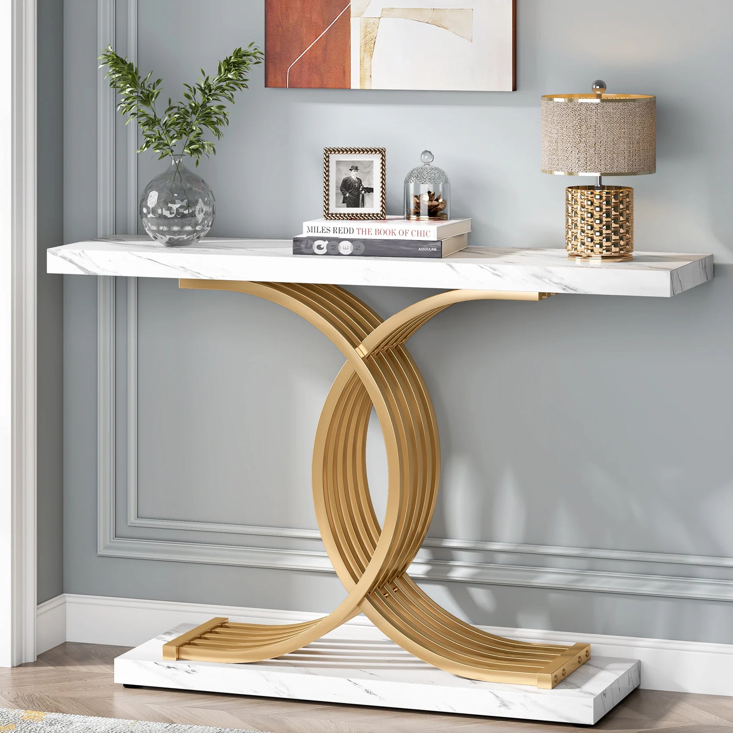 Gold Entryway Table, Modern Console Faux Marble Narrow Wood Sofa