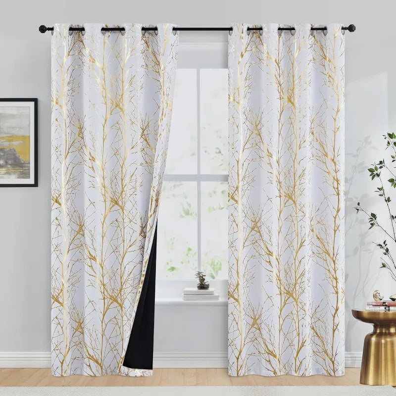 Blackout Curtains White Gold Tree for Living Room, 84 Inches Long Panels