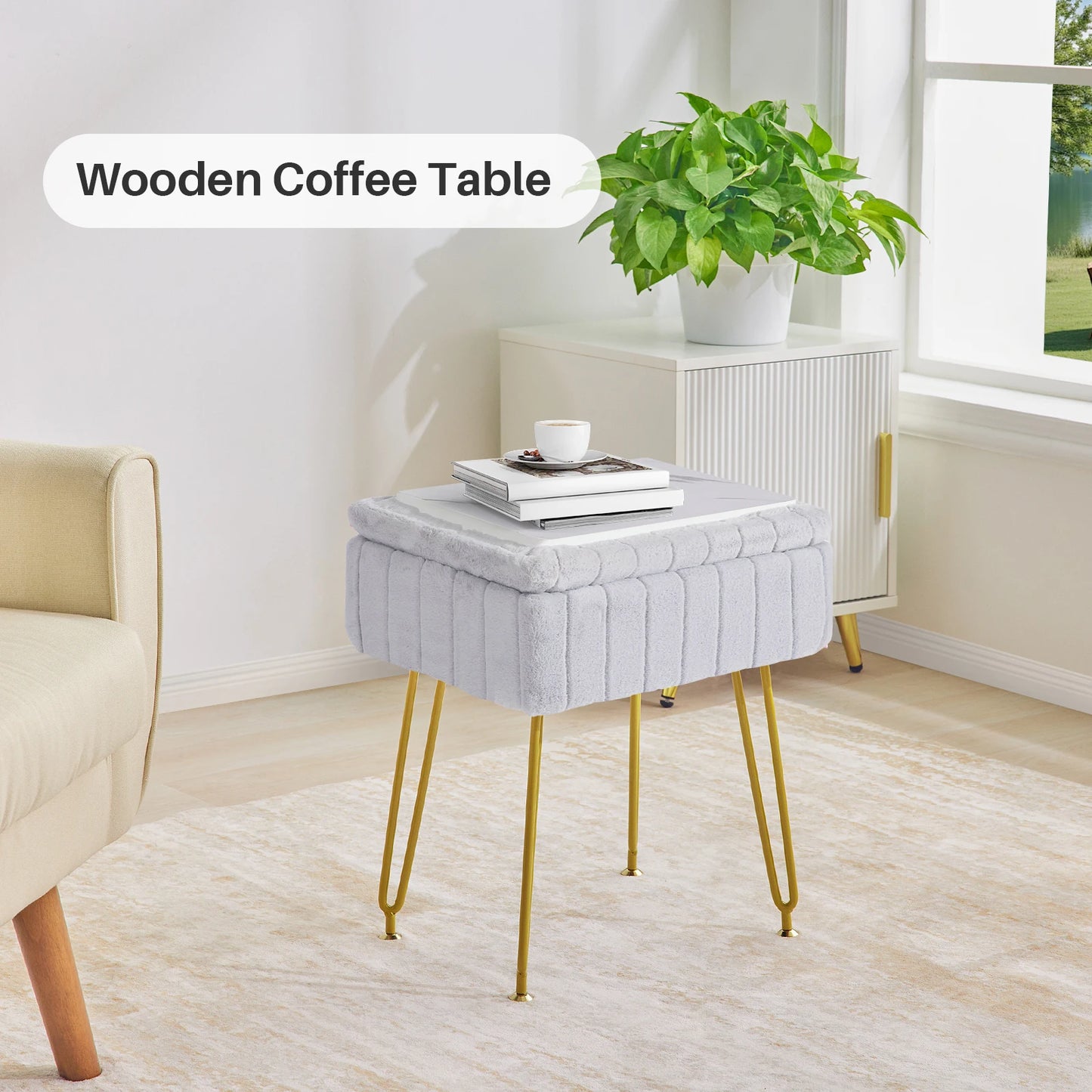 Vanity Stool Chair w/ Storage Ottoman, Feet for Makeup Bedroom