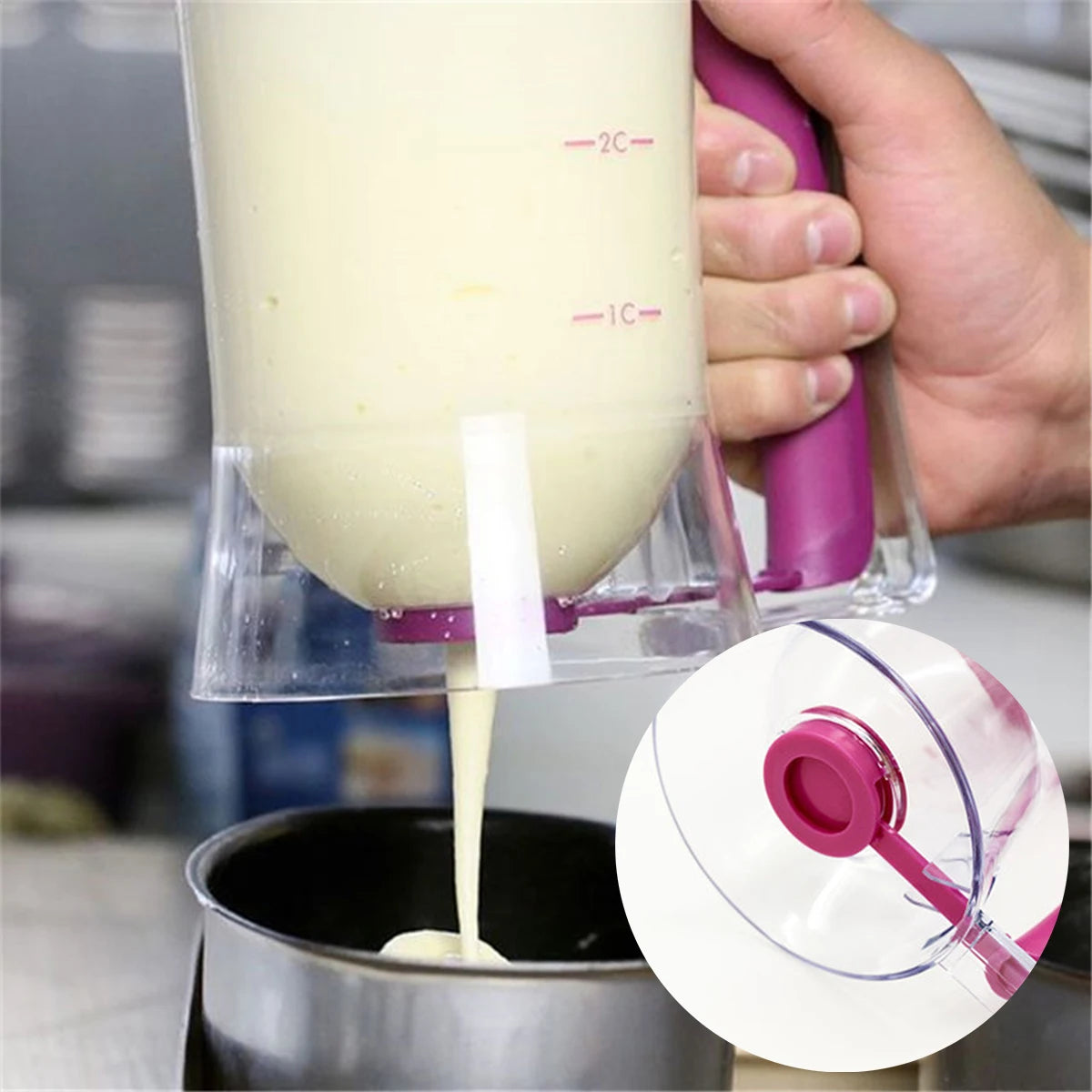 Batter Separator Pancake Dispenser with Measuring Label and Squeeze Handle.