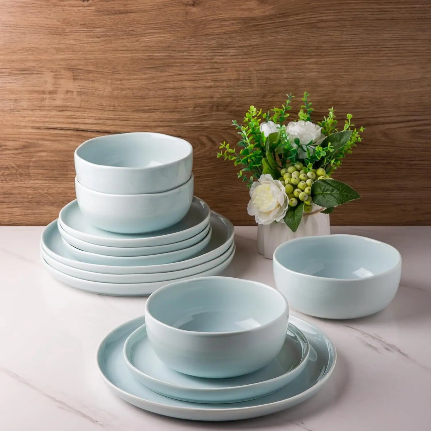 Ceramic Dinnerware Sets,Handcraft Wavy Rim Stoneware Plates and Bowls Sets,Crack Resistant