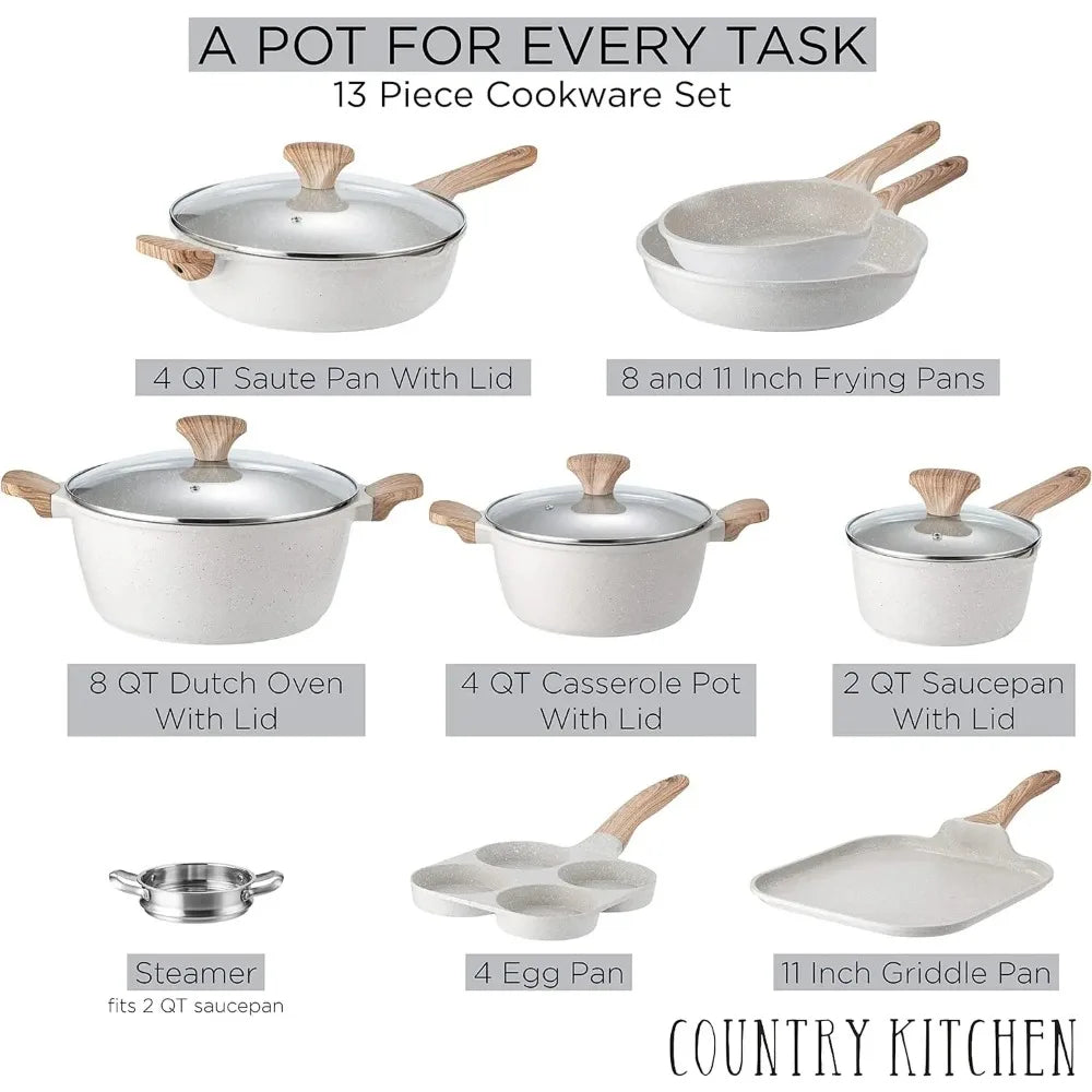 Cookware Sets Nonstick Cast Aluminum Pots and Pans with Glass Lids -Cream