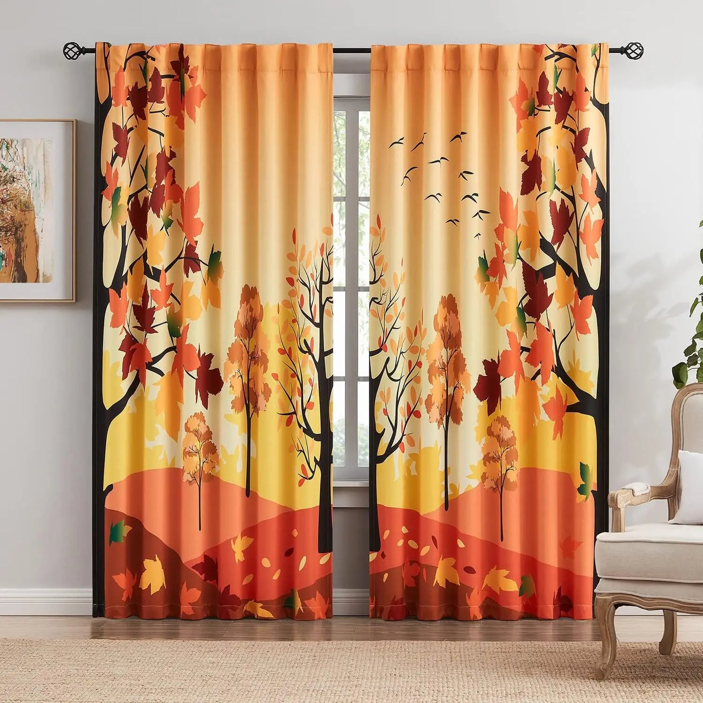 Blackout Curtains White Gold Tree for Living Room, 84 Inches Long Panels