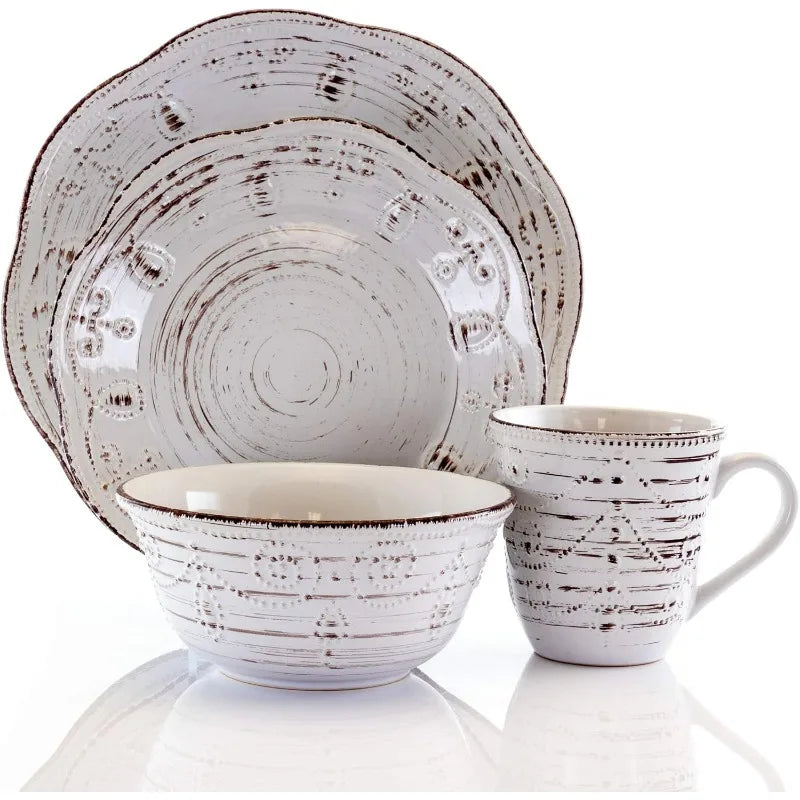 Rustic Birch 16 Piece Stoneware Dinnerware Set in Purple, Purple with Brown Accents