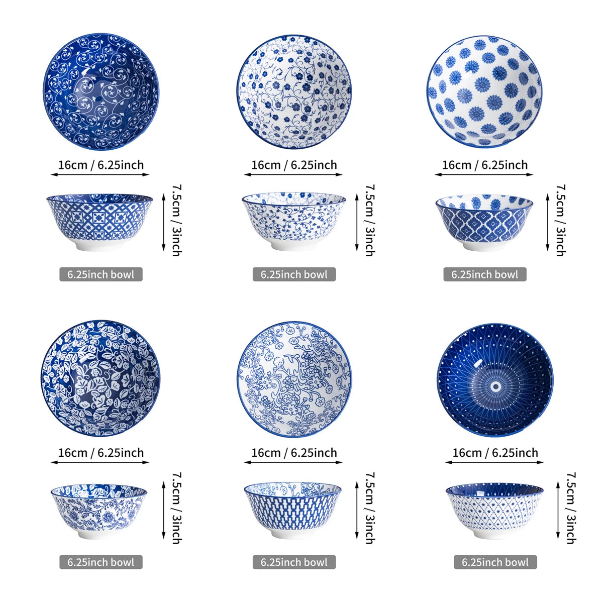 Blue and White Porcelain Bowls Premium Japanese-Style Ceramic Bowl Set .