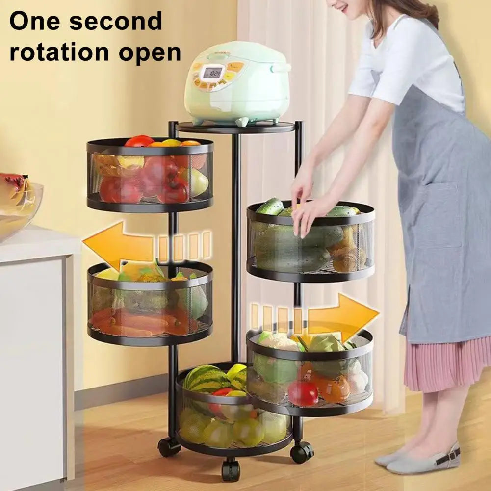Kitchen Cart, Circular Rotating Basket, Large Storage Rack with Wheels, Fruit Vegetable
