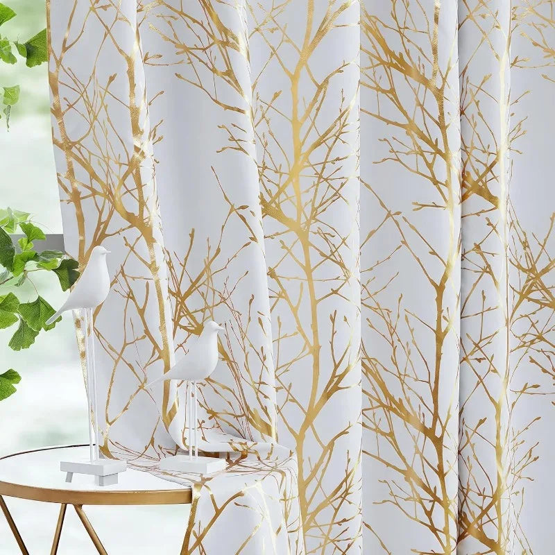 Blackout Curtains White Gold Tree for Living Room, 84 Inches Long Panels