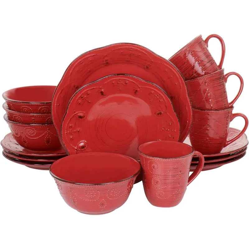 Rustic Birch 16 Piece Stoneware Dinnerware Set in Purple, Purple with Brown Accents