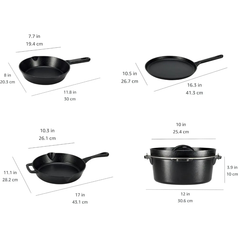 Cast Iron 5-Piece Kitchen Cookware Set, Pots and Pans, Black,