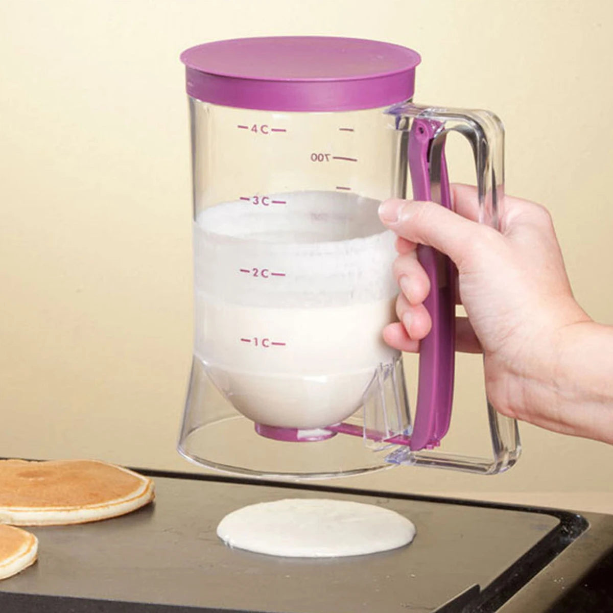 Batter Separator Pancake Dispenser with Measuring Label and Squeeze Handle.