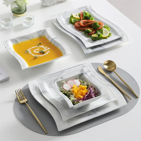 Nordic Marble Pattern Porcelain Plates and Bowls Square Dinnerware Set Ceramic