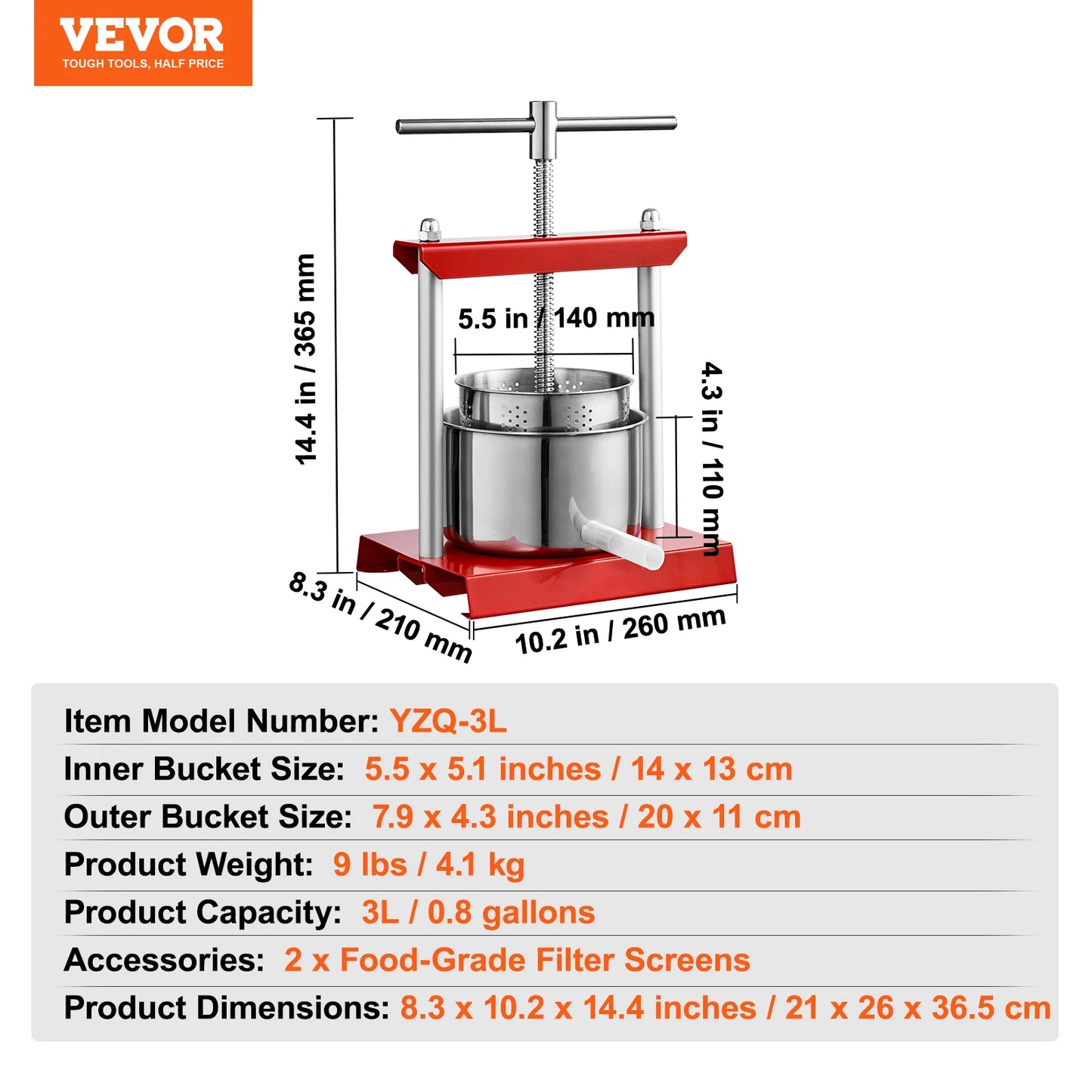 Fruit Wine Press Stainless Steel Barrels, Manual Juice Maker  for Outdoor, Kitchen, and Home