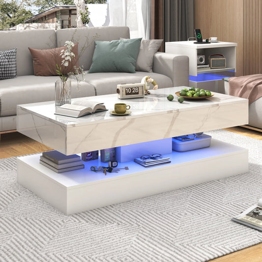 Modern Stylish Coffee Table with LED lights, Double-Layer Design