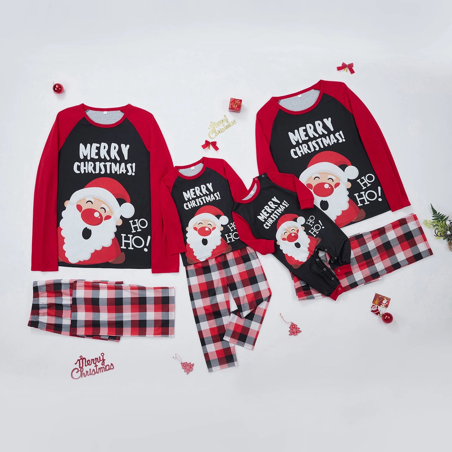 Christmas Family Matching Pajamas Adult Kids Santa and Casual Plaid Pants Sleepwear