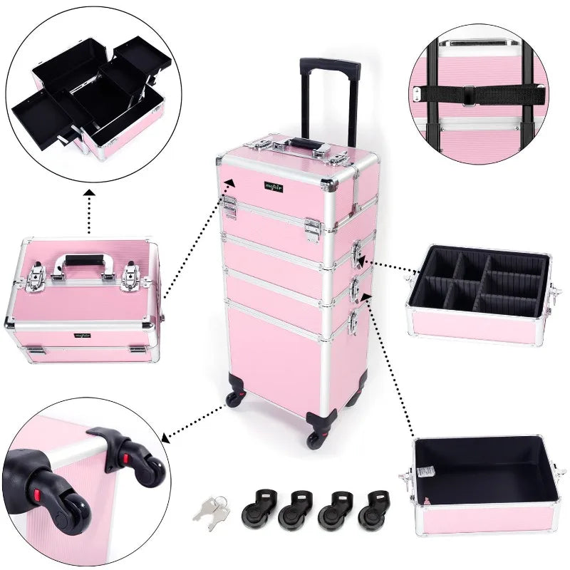 4 in 1 Rolling Makeup Train, Travel Suitcase on Wheels