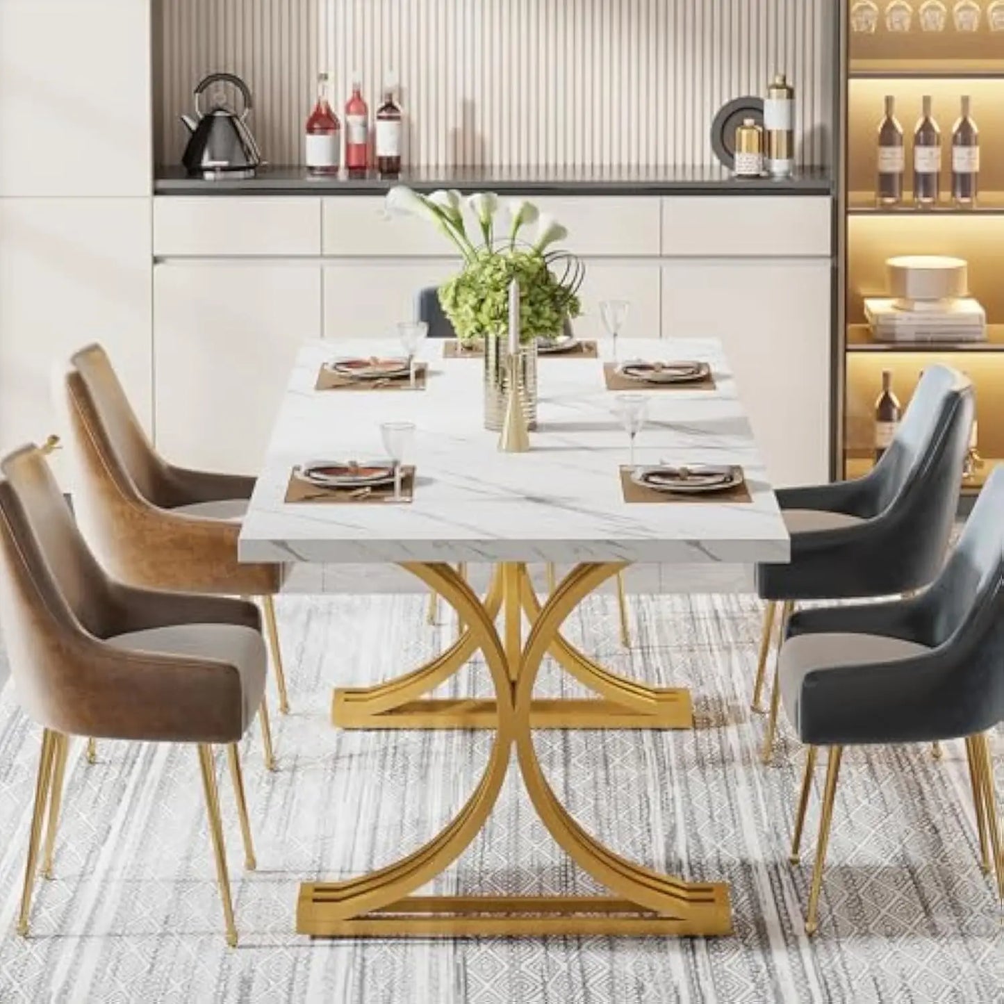 Rectangular Dining Table  Modern Kitchen with Stylish Metal Legs, Large Dinner Tables for Dining Room