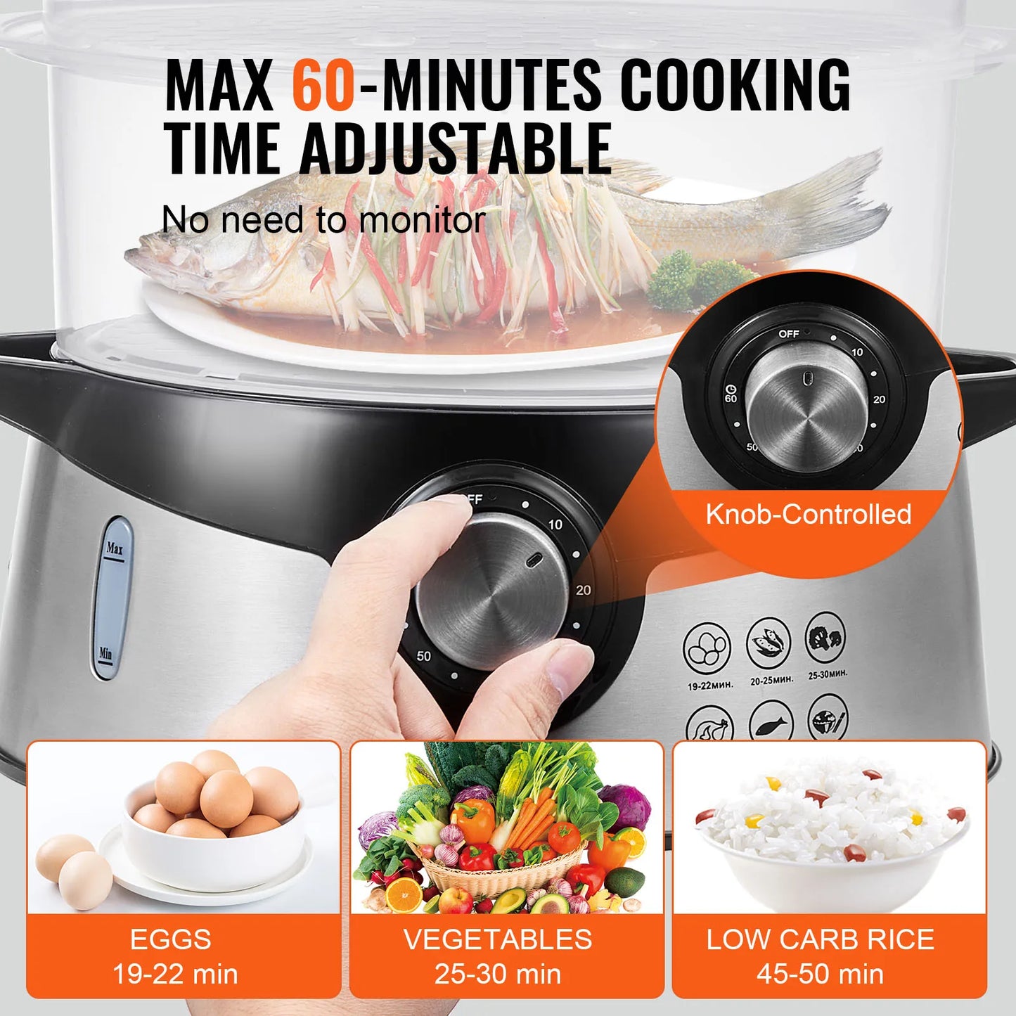 Electric Vegetable Food Steamer with Trays Auto Shut-Off and Boil Dry Protection