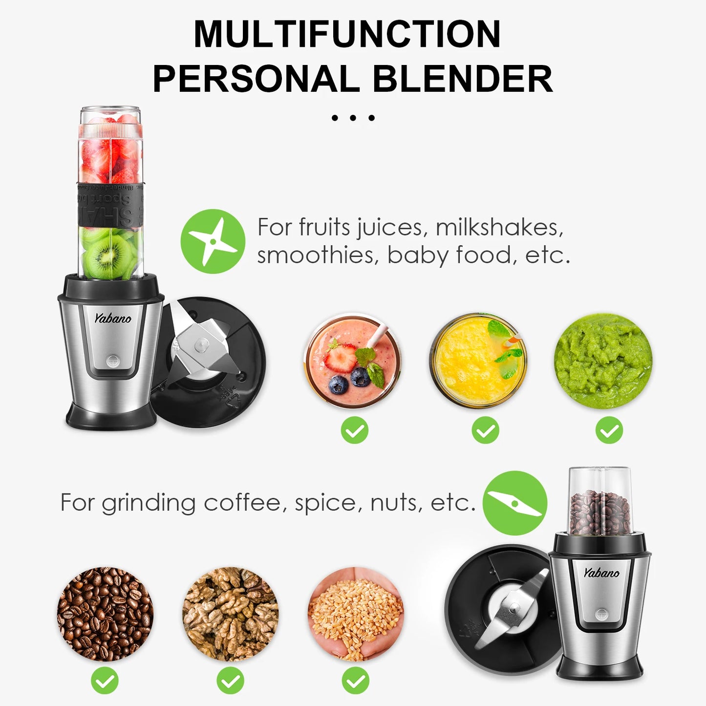 Personal Blender Travel Bottle and Coffee/Spices Jar, Portable Smoothie Blender