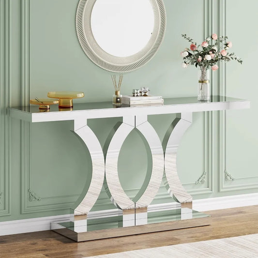 Mirrored Console Table,  Entryway  with  Base,  Modern Sofa  Behind Couch