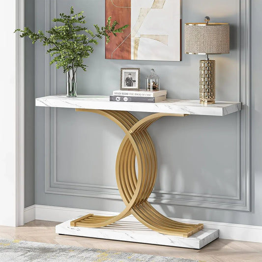 Gold Entryway Table, Modern Console Faux Marble Narrow Wood Sofa