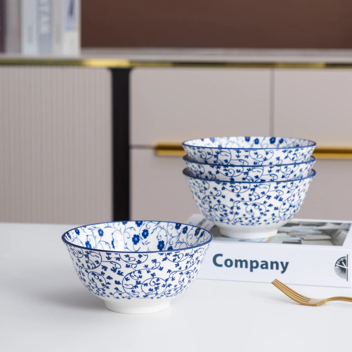Blue and White Porcelain Bowls Premium Japanese-Style Ceramic Bowl Set .