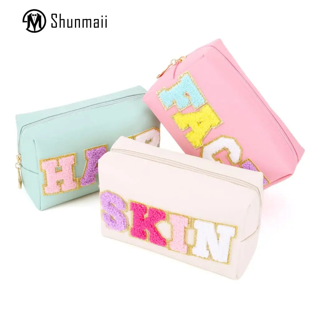 3PCS Preppy Patch Makeup Bag with Patches Chenille Letter Face Hair Skin Bag Zipper Closure PU Leather for Travel Accessories