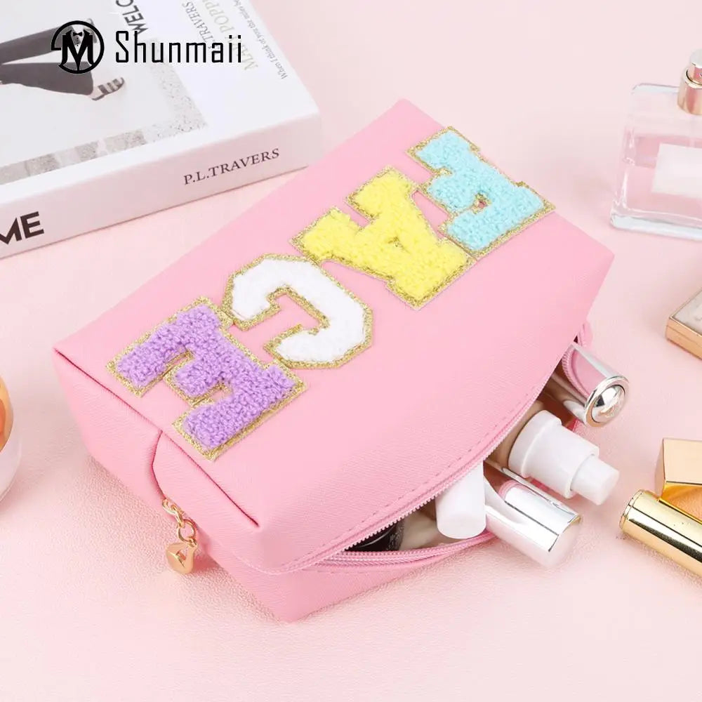 3PCS Preppy Patch Makeup Bag with Patches Chenille Letter Face Hair Skin Bag Zipper Closure PU Leather for Travel Accessories