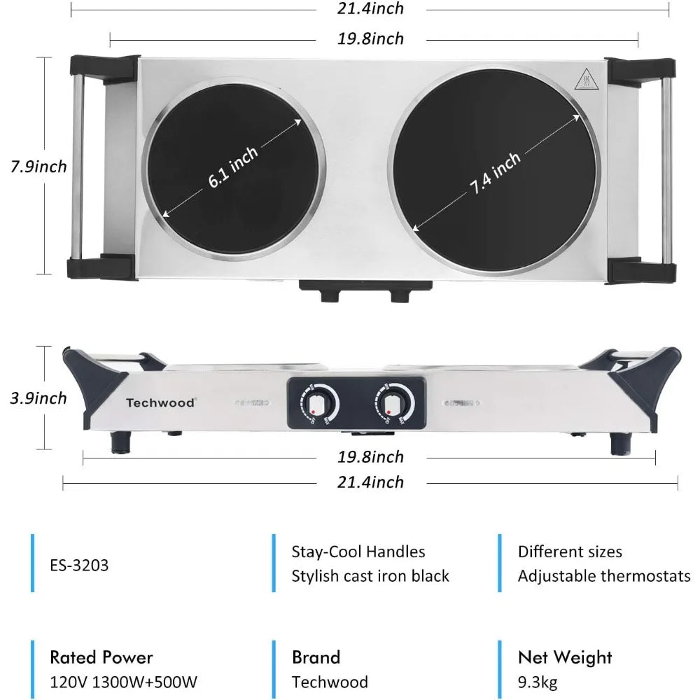 Electric Stove, Double Infrared Ceramic Hot Plate for Cooking, Two Control Burner