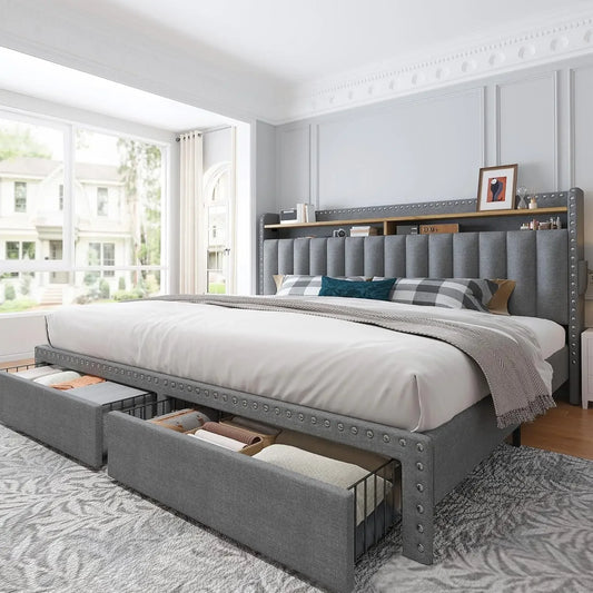 King Size Bed Frame with Storage and Headboard, with 2 Draw