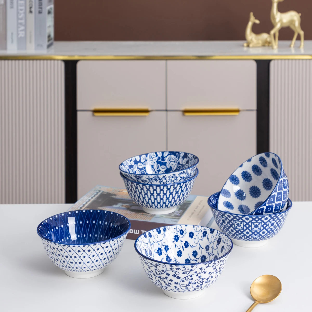 Blue and White Porcelain Bowls Premium Japanese-Style Ceramic Bowl Set .