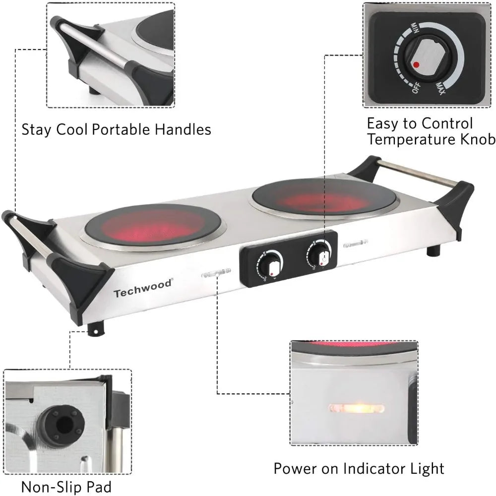 Electric Stove, Double Infrared Ceramic Hot Plate for Cooking, Two Control Burner