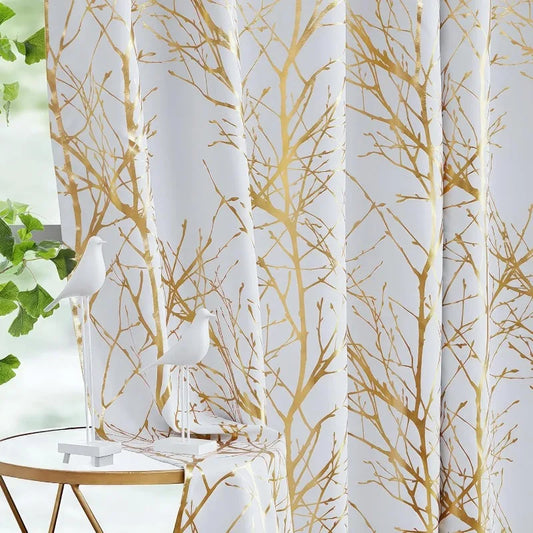 Blackout Curtains White Gold Tree for Living Room,  84 Inches Long Panels