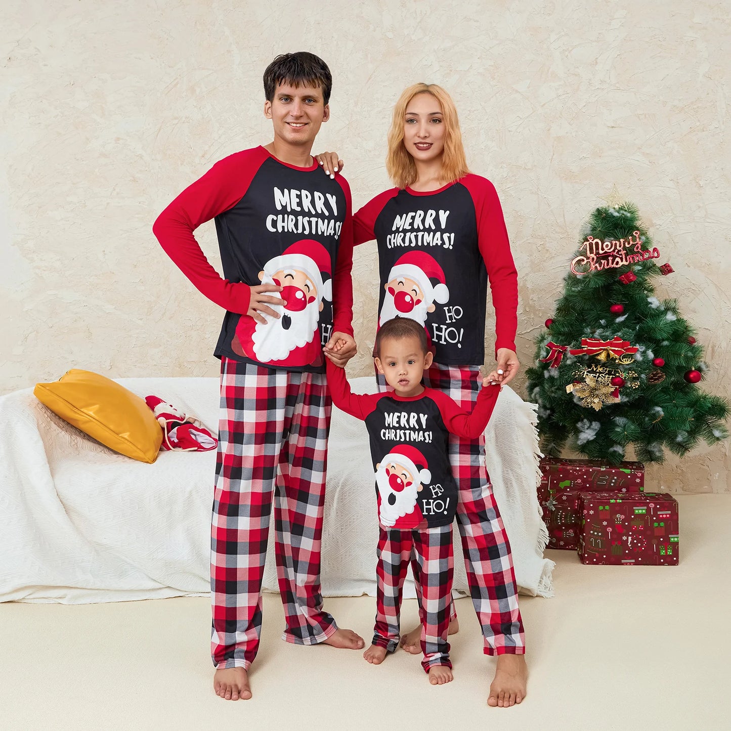 Christmas Family Matching Pajamas Adult Kids Santa and Casual Plaid Pants Sleepwear