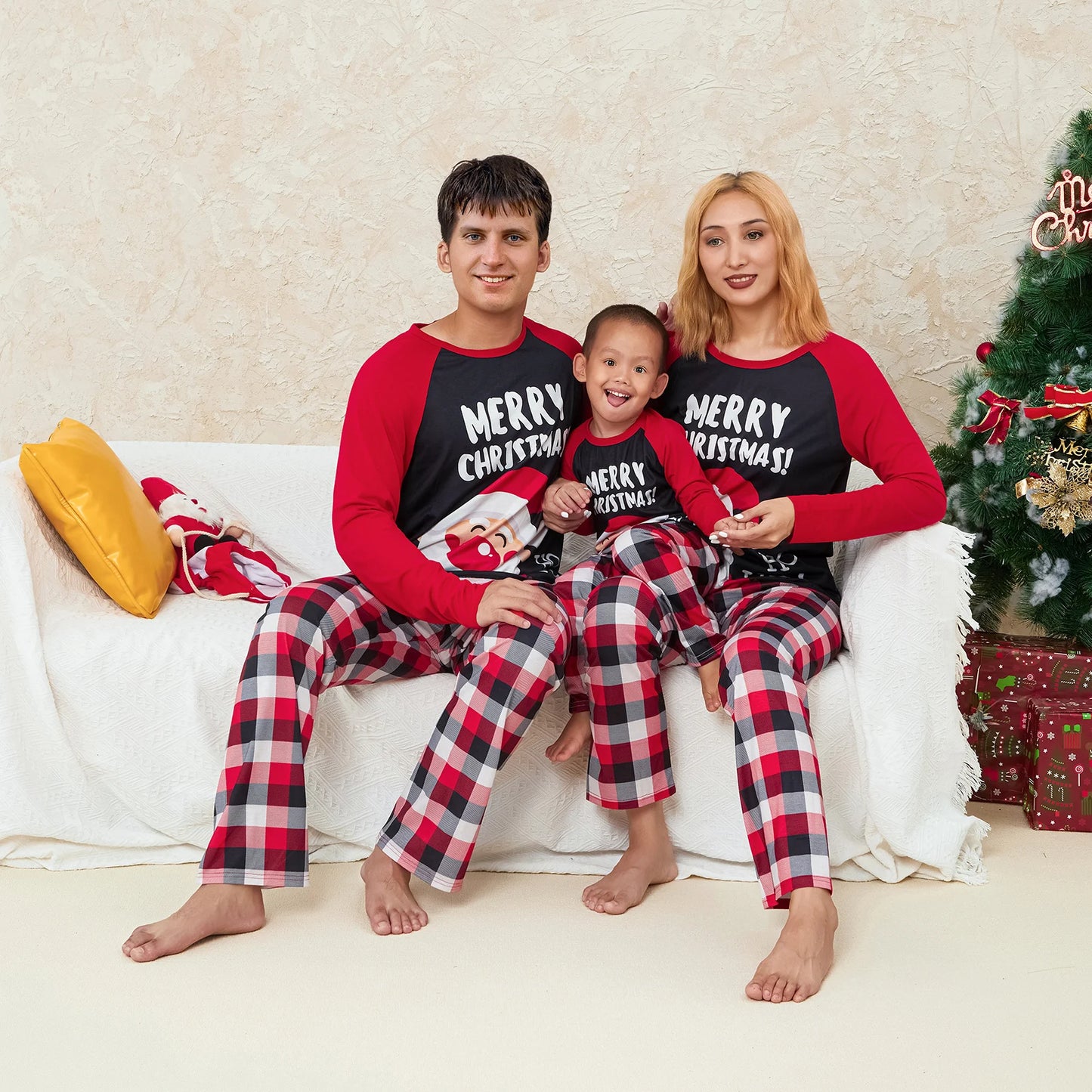 Christmas Family Matching Pajamas Adult Kids Santa and Casual Plaid Pants Sleepwear