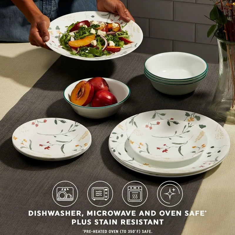 Glass Dinnerware Sets, Triple Layer Chip & Crack Resistant Glass Plate and Bowl Sets, Wildflower